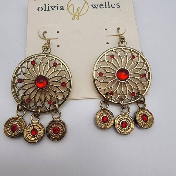 NWT Olivia Welles Gold Tone & Red Rhinestone Dangling Earrings - Picture 2 of 3